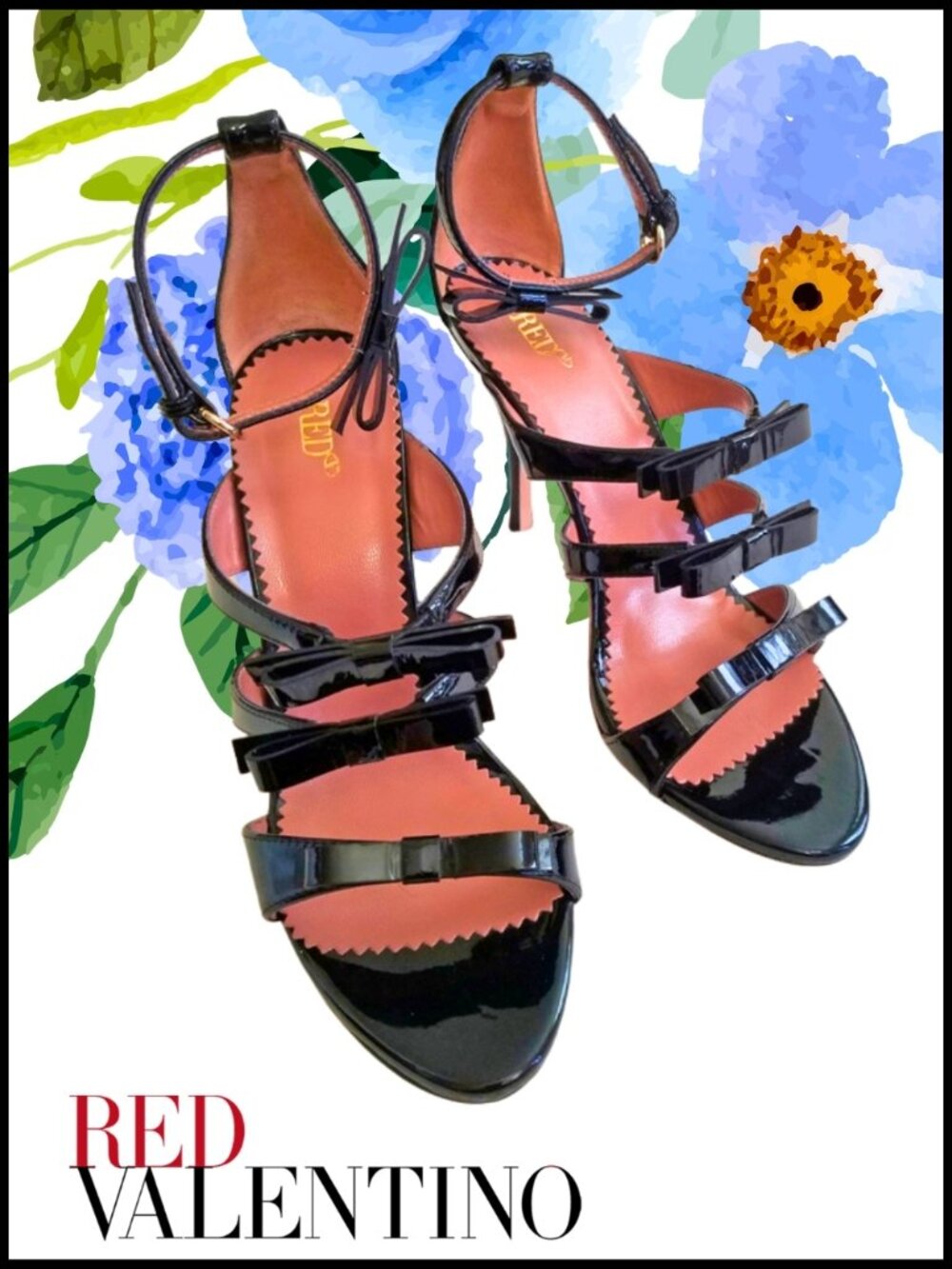 NWT RED (V) Bow-Embellished Patent Leather Sandals